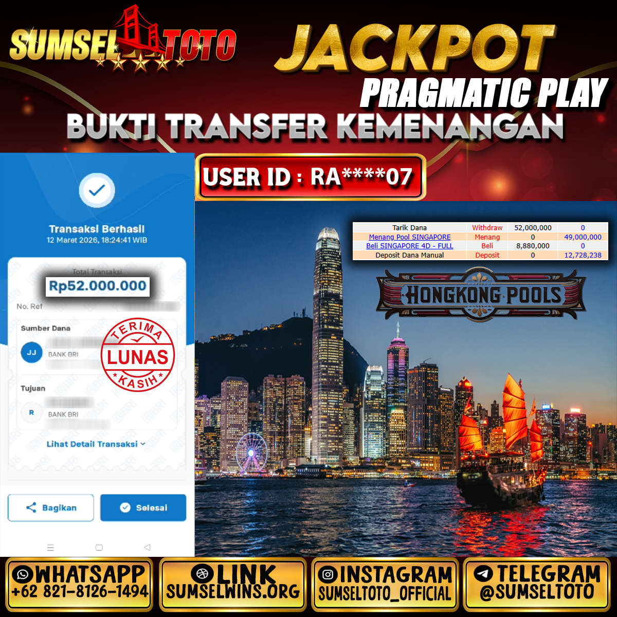 SUMSELTOTO JACKPOT HONGKONG POOLS 1000 Rp.52,000,000.,- LUNAS